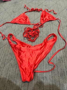 Frankie's Bikinis Red Satin Triangle String Bikini